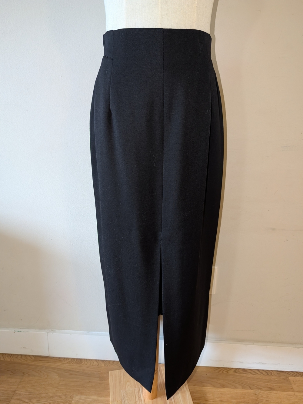 Vintage Wool Black Pencil Style Midi Skirt With Front And Back Slits